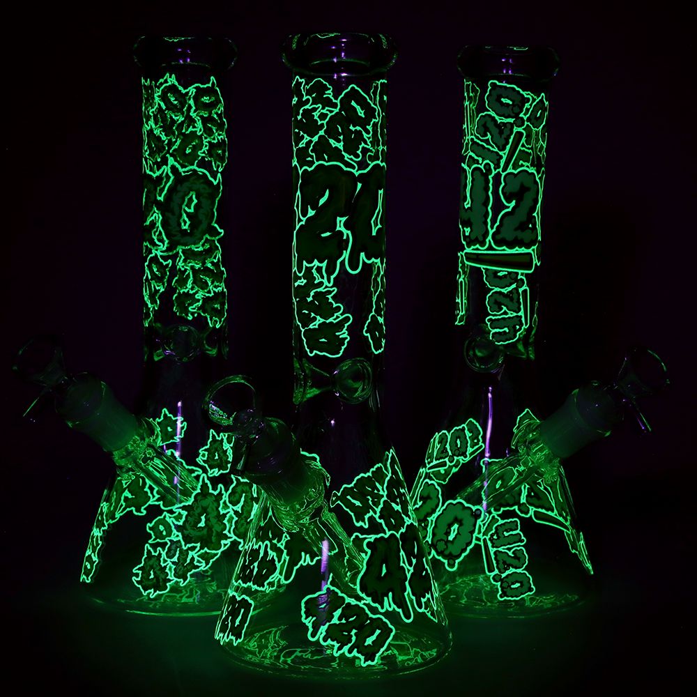 420 Clouds Glow In The Dark Beaker Glass Water Pipe - 10" / 14mm F / Colors Vary - Image 7