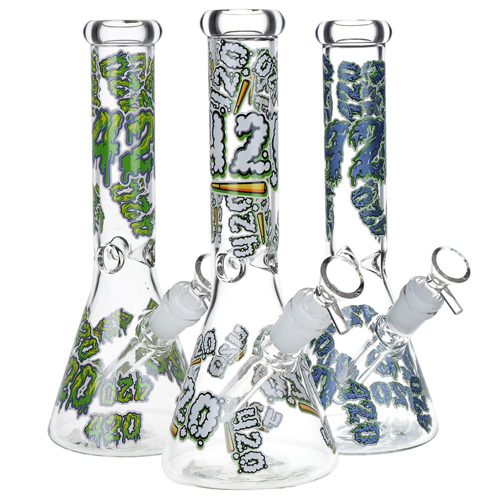 420 Clouds Glow In The Dark Beaker Glass Water Pipe - 10" / 14mm F / Colors Vary - Image 2